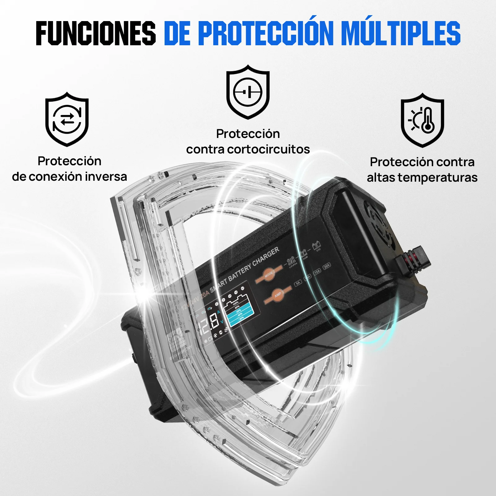 Cargador de batería inteligente de 20 A, 12 V/24 V con pantalla LCD para la mayoría de las baterías - Image 7