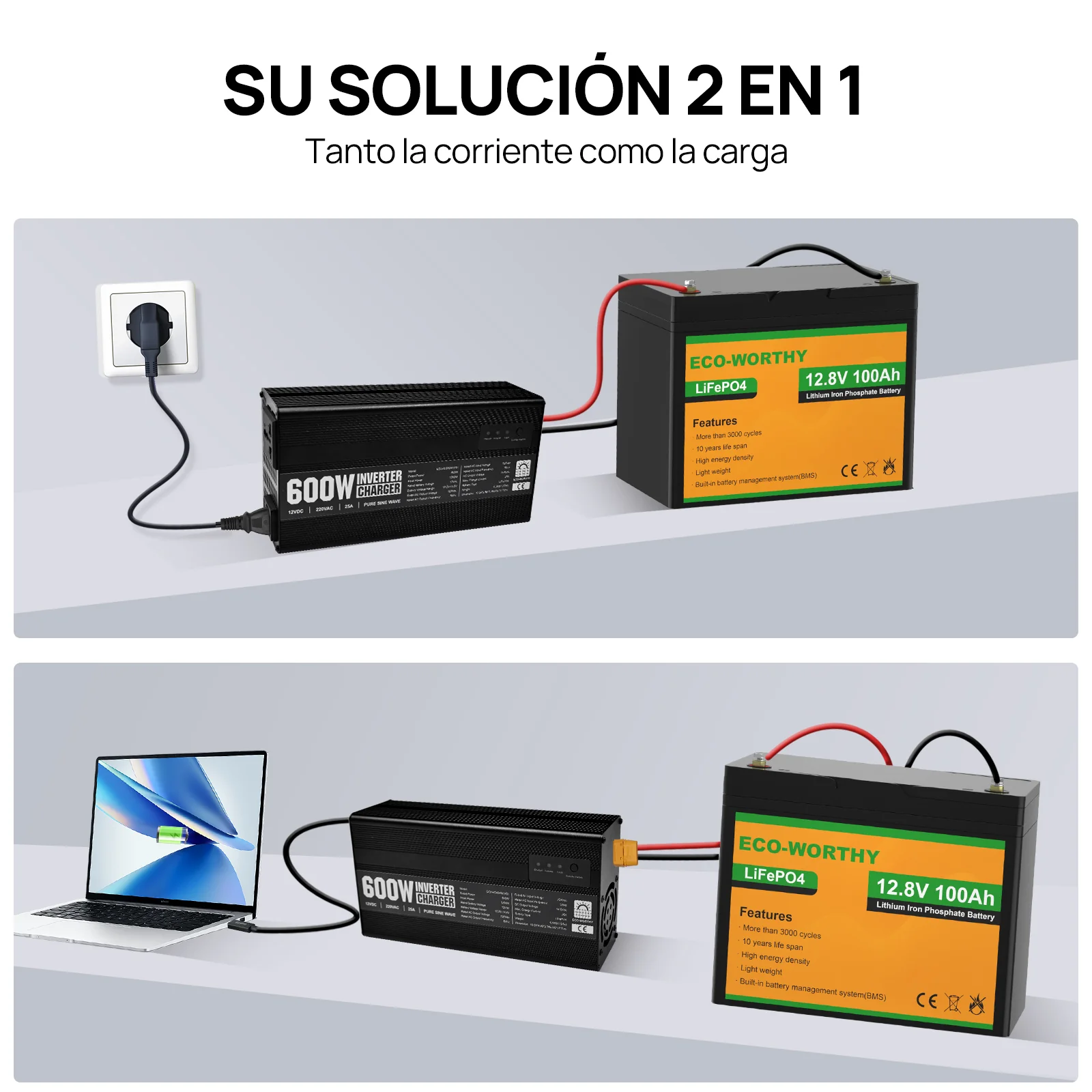 Cargador de batería LiFePO4 de 14,6V y 25A con inversor de 600 W de 12V a 230V para batería - Image 3