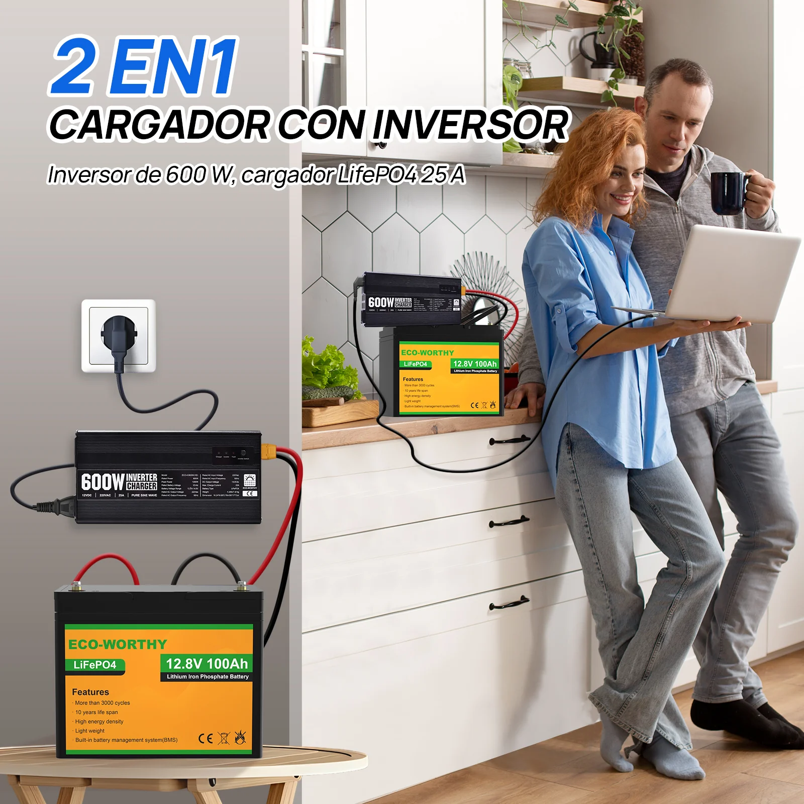 Cargador de batería LiFePO4 de 14,6V y 25A con inversor de 600 W de 12V a 230V para batería - Image 5