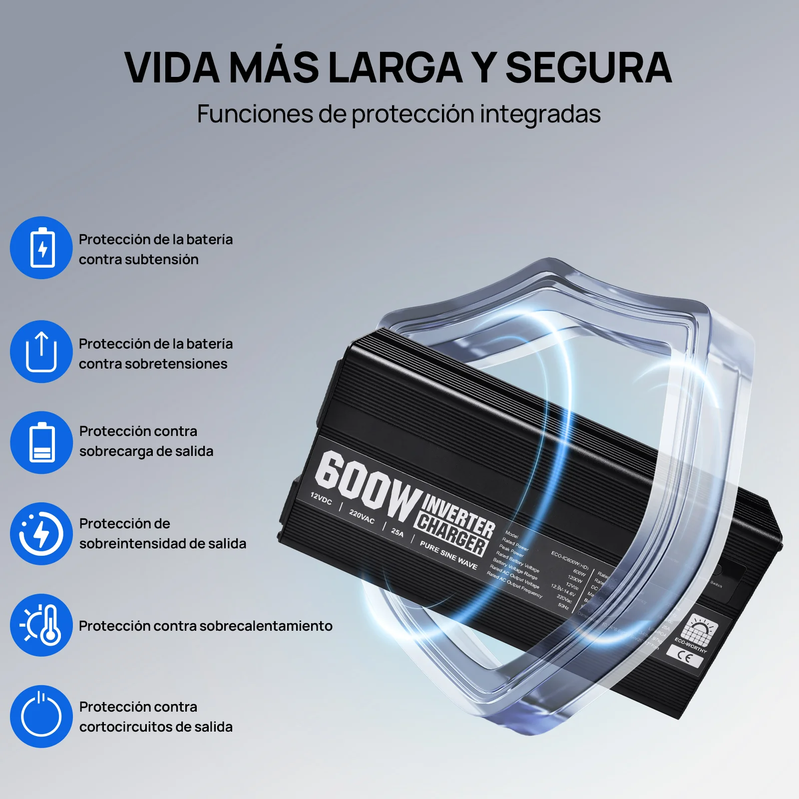Cargador de batería LiFePO4 de 14,6V y 25A con inversor de 600 W de 12V a 230V para batería - Image 8